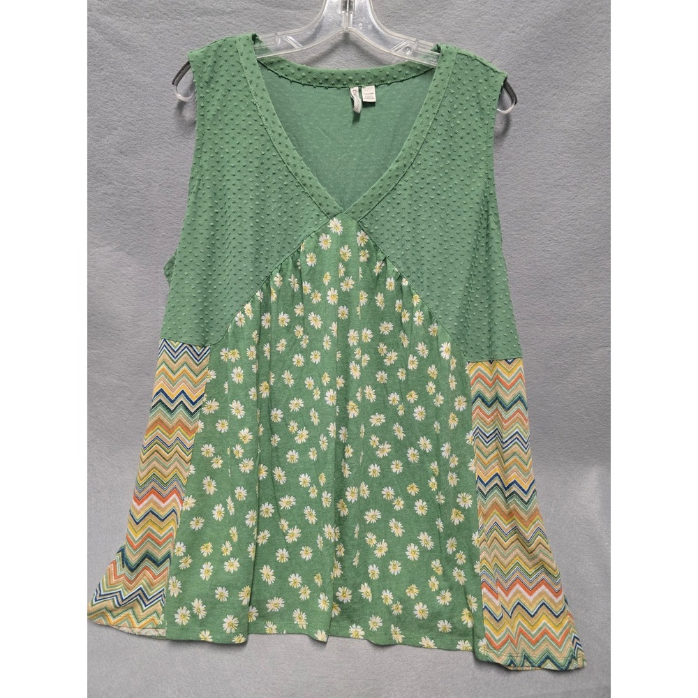 Cato Womens Green Mixed Media Daisy Floral Chevron Swiss Dot V-Neck Top 22/24W